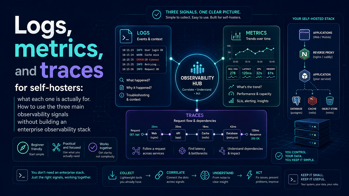 Logs, Metrics, and Traces for Self-Hosters: What Each One Really Does | by Field Notes by Thomas Byern | July 2026